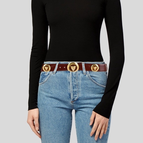 Vintage Escada Tiger Head Belt Brown Patent Leather Gold Medallion sz 38 - Picture 4 of 7